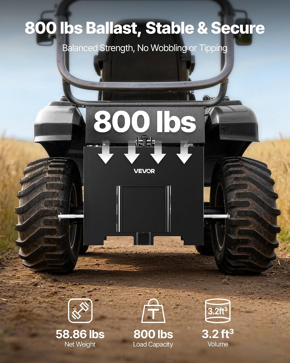 Ballast Box, 3-Point Category 1 Tractor Ballast of 800 lbs Capacity, with Standard 2 Inch Hitch Receiver, Heavy-Duty