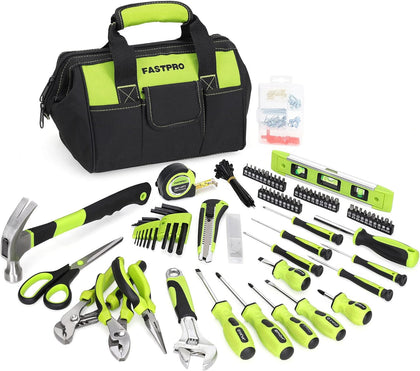 220-Piece Home Tool Set, Household Repairing Tool Kit, with 12-Inch Wide Mouth Open Storage Tool Bag, Green
