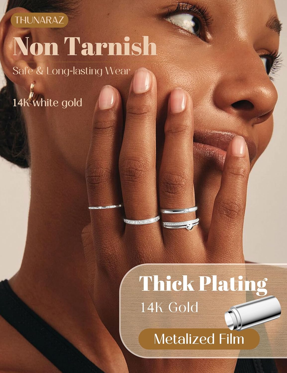 Gold Stackable Rings for Women Non Tarnish Open Adjustable 14K Gold Plated Rings Trendy Stack Cubic Zirconia Thin