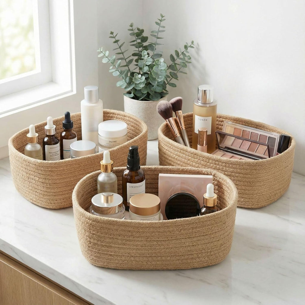 Beautiful Storage Basket Set of 3 - Sturdy Jute Rope Baskets for Shelves Are Perfect for Organizing Your Home