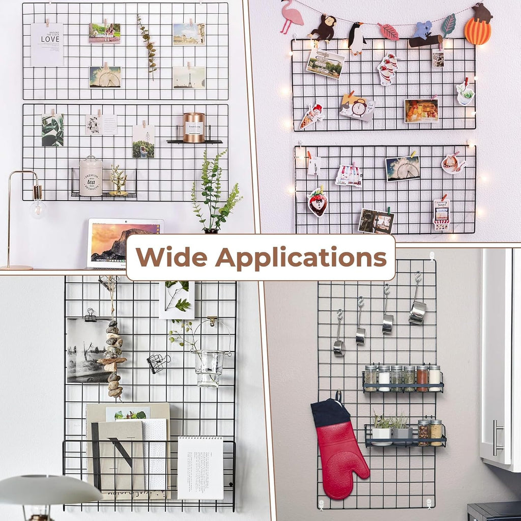 Wire Wall Grid Panel with Wall Grid Shelf with Photo Frames for Photo Display, Metal Mesh Message Board Memo Boards