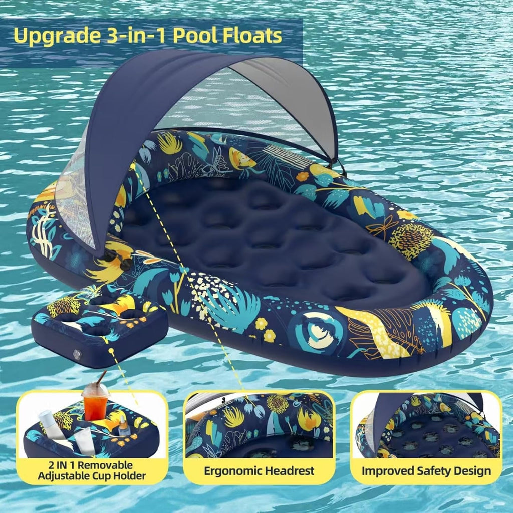 3-in-1 Pool Floats with Canopy Cup Holder, Tanning Pool Large 73" x 48" Float Adult Heavy Duty, Inflatable Lounger