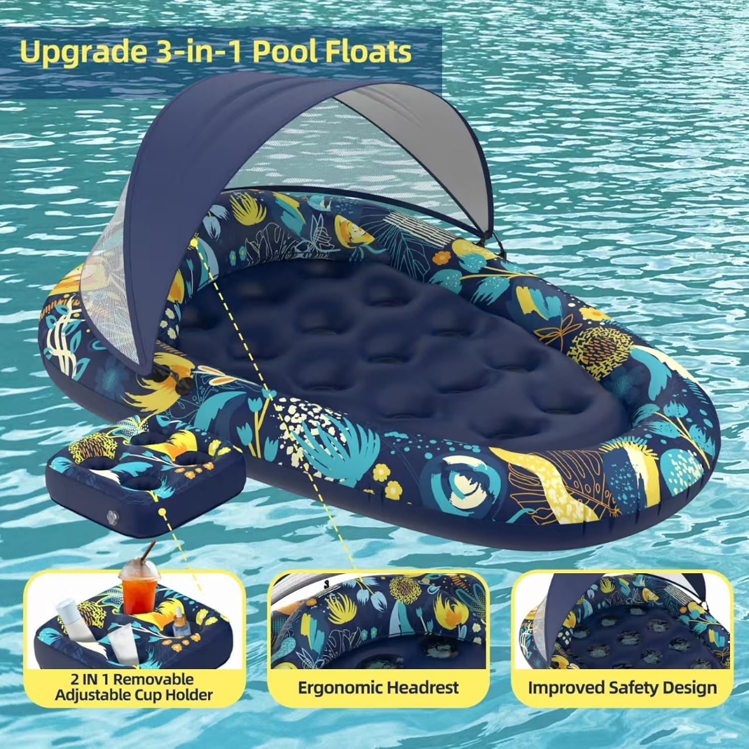 3-in-1 Pool Floats with Canopy Cup Holder, Tanning Pool Large 73" x 48" Float Adult Heavy Duty, Inflatable Lounger