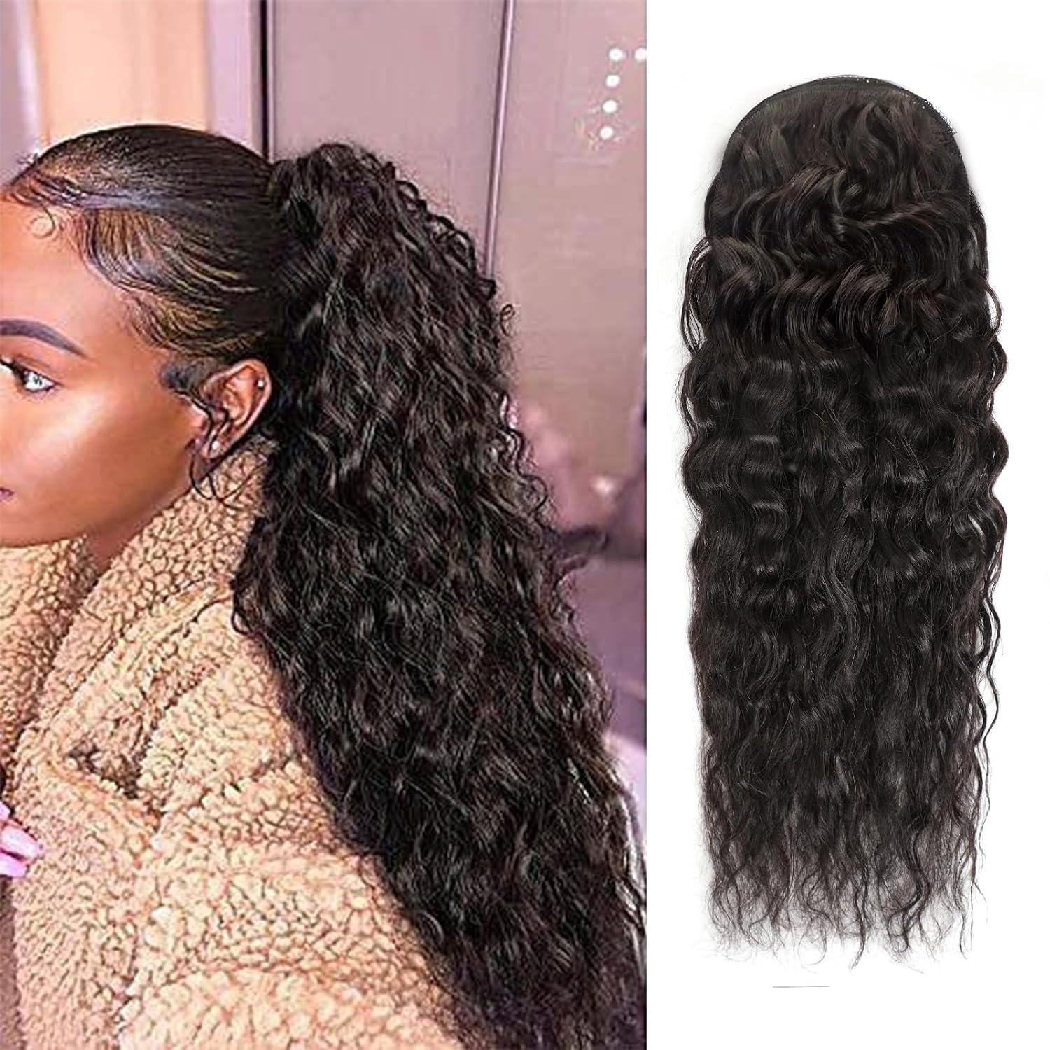 100% Human Hair Drawstring Ponytail Extension Water Wave in Natural Color 1B Corn Wave Ponytail Clip in Extensions
