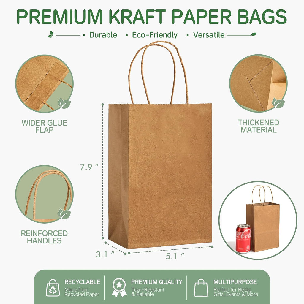 Small Brown Kraft Paper Bags 20 Pack 5.2x3.2x8 in with Handles