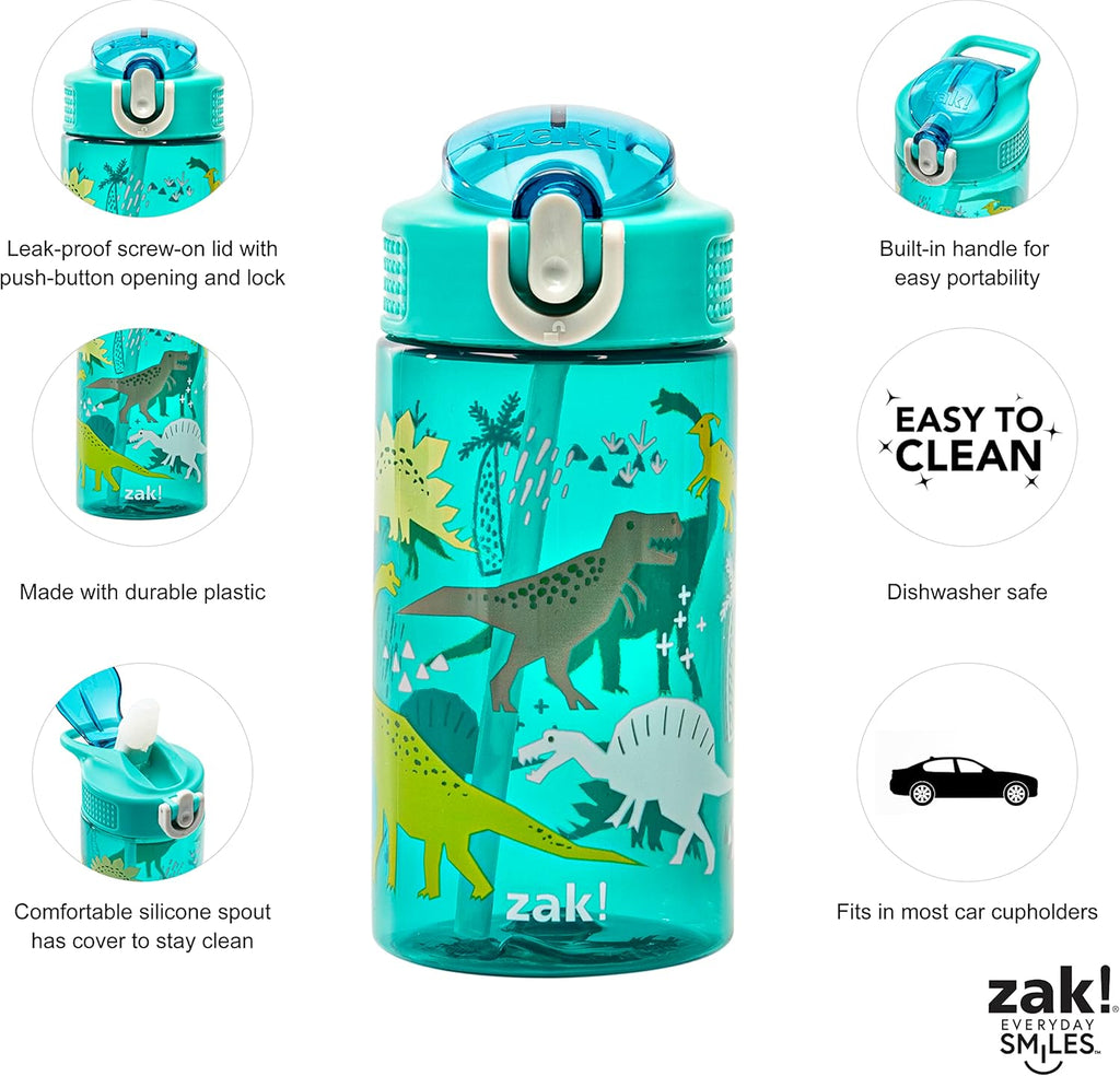 Dinosaur 16oz Leak-Proof Straw Kids Water Bottle, Plastic