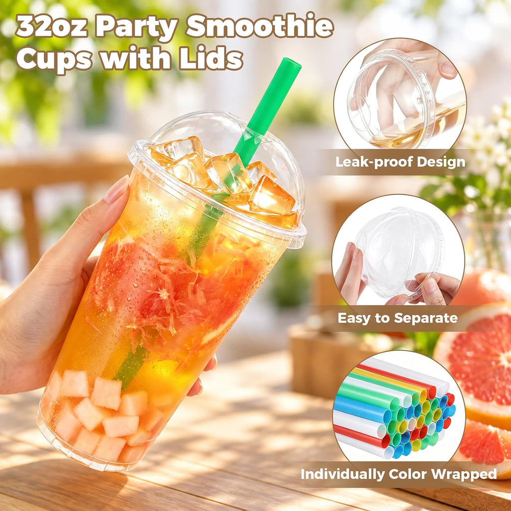 50pack 32oz Clear Plastic Cups with Dome Lids & Wide Color Straws