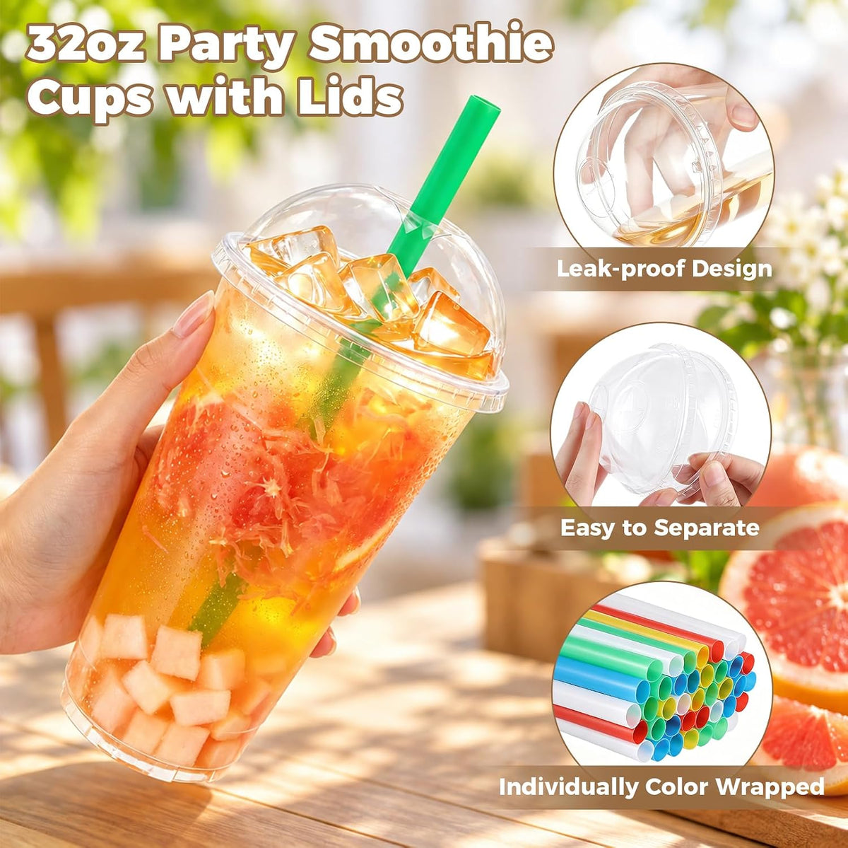 50pack 32oz Clear Plastic Cups with Dome Lids & Wide Color Straws