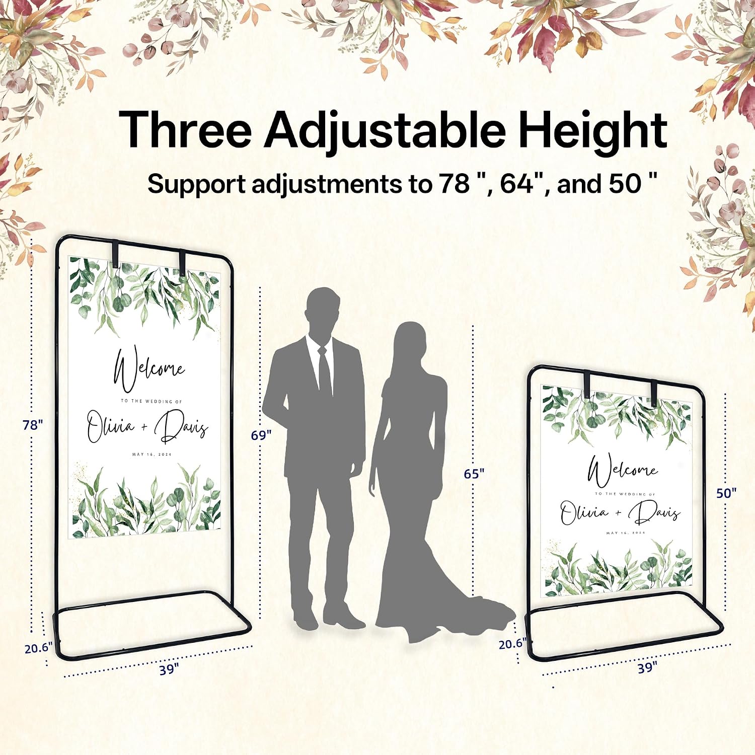 Large Wedding Welcome Sign Stand, Adjustable Height (78", 64", 50") - Black Welcome to our Wedding With Stand ,Design
