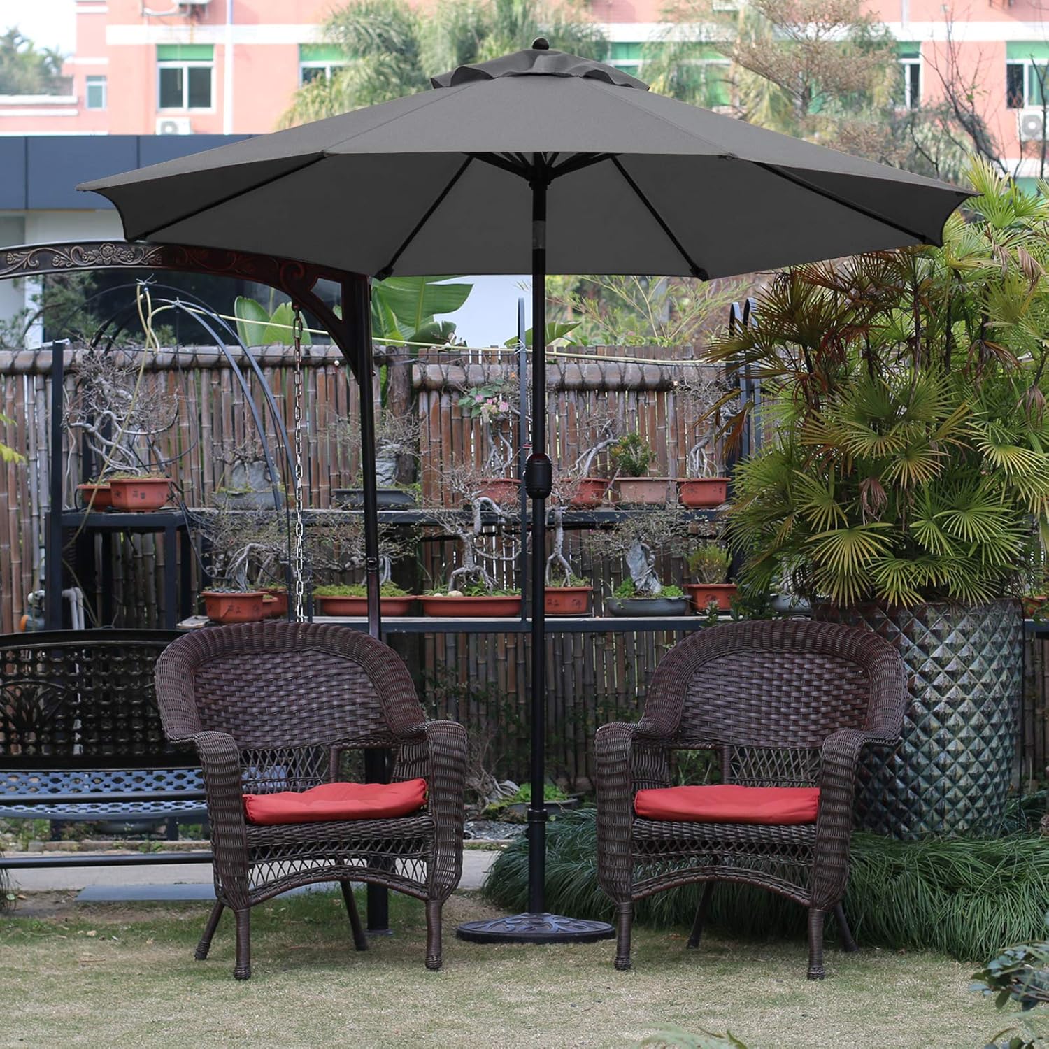 9Ft Patio Umbrella Outdoor Table Umbrella with 8 Sturdy Ribs (Dark Gray)