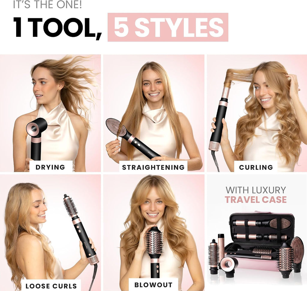 6 in 1 Professional Hot Air Styler • Powerful Hair Dryer & Straightener Set • Styling Without Heat Damage • Fast