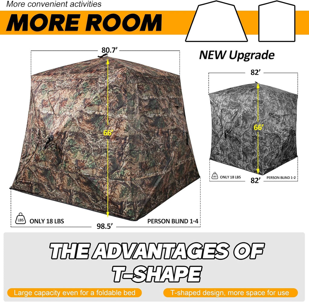 Wide Bottom Hunting Blind 1-3 Person with Portable Chair, 270 Degree See Through Pop up Ground Blinds for Deer Turkey