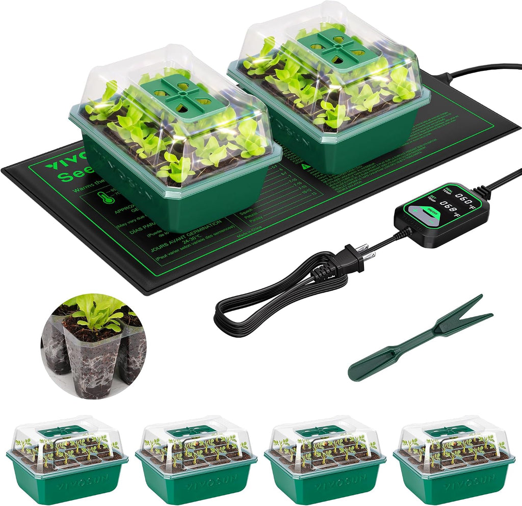 VIVOSUN 6-Pack Seed Starter Trays & 10"x20.75" Seedling Heat Mat | Self-Adjusting Digital Display Temperature