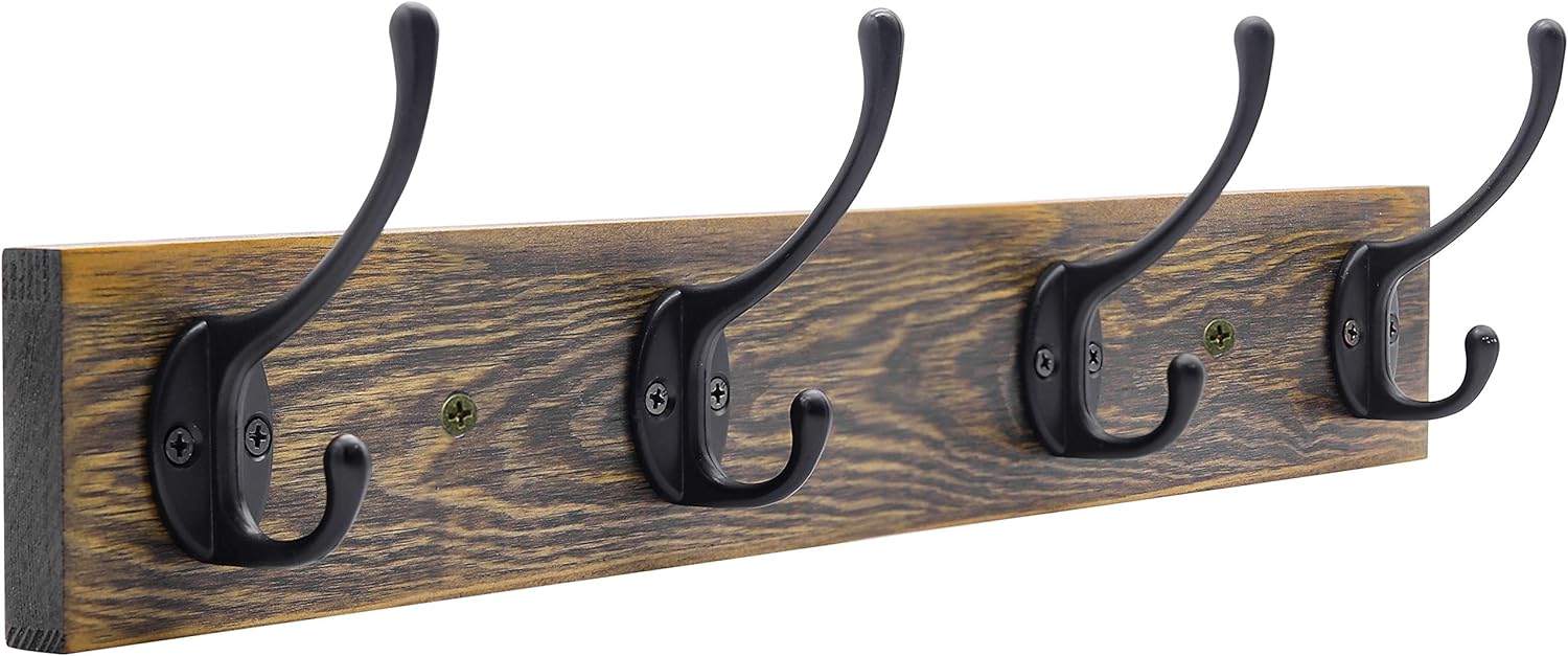 Wall Mounted Coat Rack, Entryway Hanging , Metal Wood Rack with 4 Black Literary Rustic Hooks Rail for Scarf, Bag
