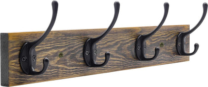 Wall Mounted Coat Rack, Entryway Hanging , Metal Wood Rack with 4 Black Literary Rustic Hooks Rail for Scarf, Bag