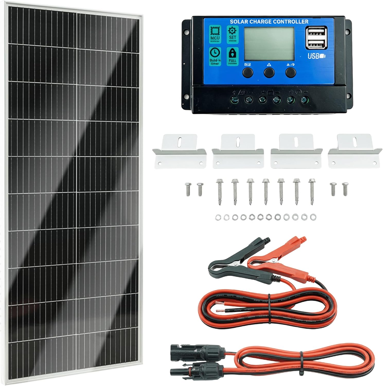 100W 12V Monocrystalline Solar Panel Kit w/ 20A PWM Charge Controller, Z Brackets & MC4 Cables, 25% High-Efficiency
