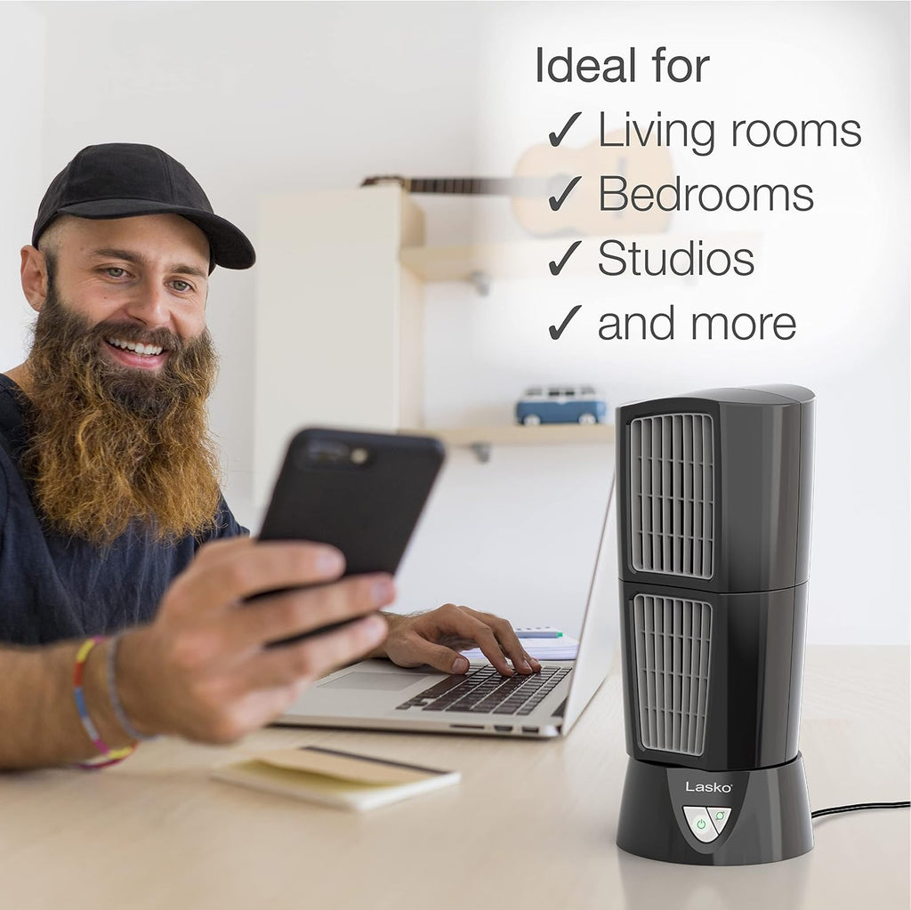 Oscillating Platinum Desktop Wind Tower Fan, 3-Speeds, Compact, Portable with Handle for Office, Bedroom and Kitchen