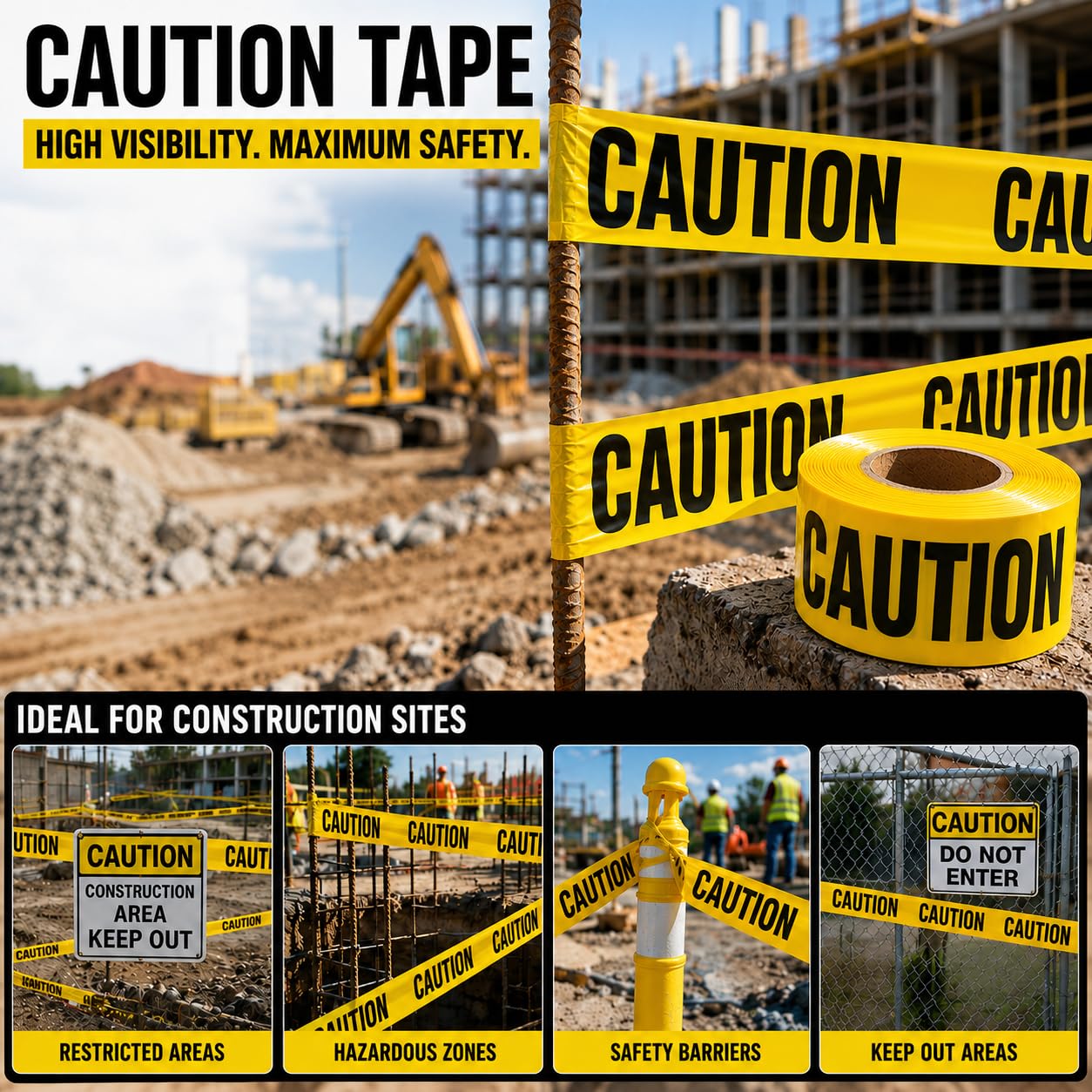 Premium Yellow Caution Tape 3-Pack 3 inch x 1000 feet, Hazard Safety Tape, Construction Tape for Danger/Hazardous