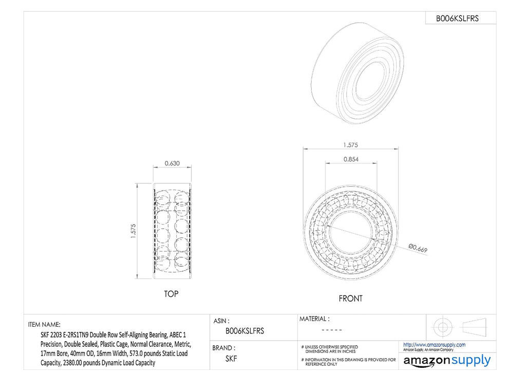 SKF 2203 E-2RS1TN9 Double Row Self-Aligning Bearing, ABEC 1 Precision, Double Sealed, Plastic Cage, Normal Clearance, Metric, 17mm Bore, 40mm OD, 16mm Width, 573.0 pounds Static Load Capacity, 2380.00 pounds Dynamic Load Capacity