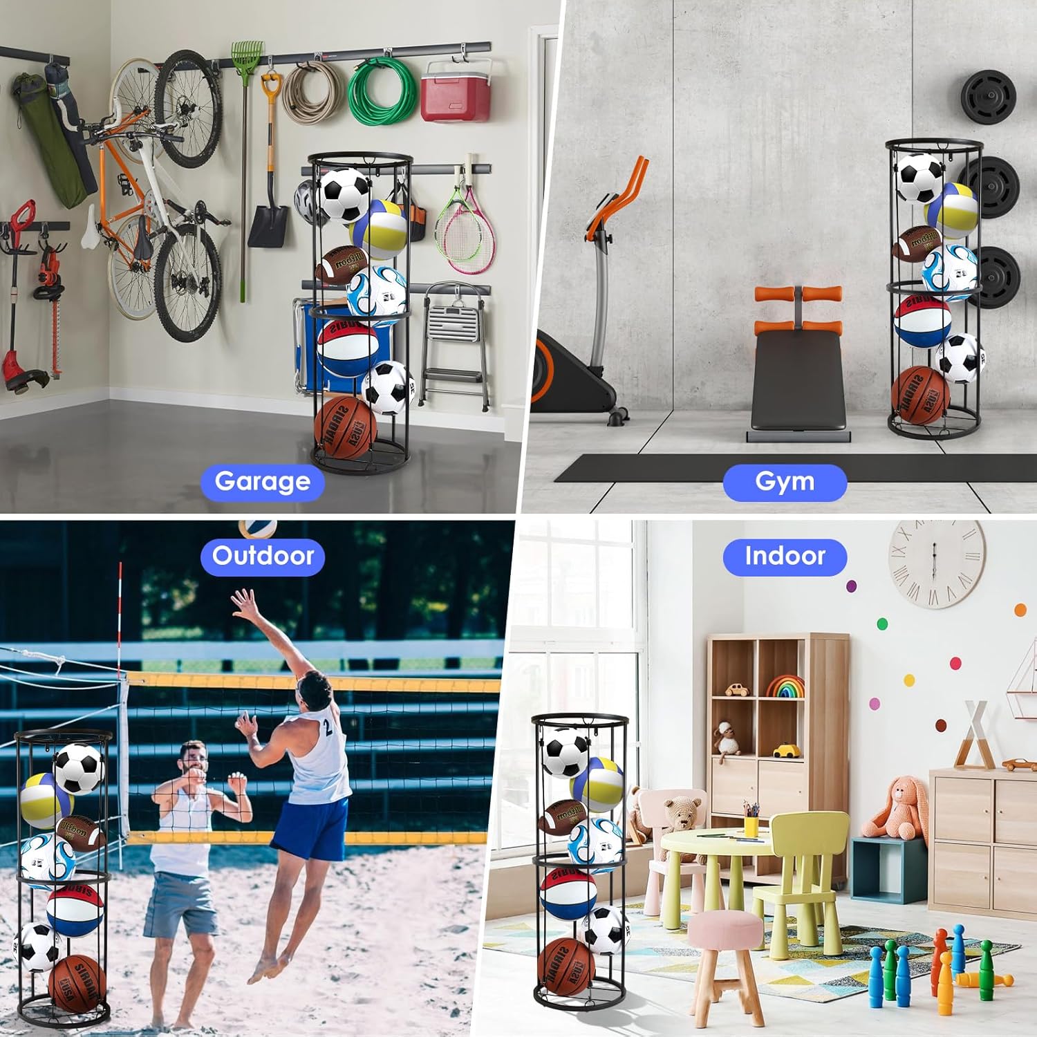 Garage Ball Storage Rack - Wall-Mounted Vertical Ball Holder for Basketball, Soccer, Volleyball, Football
