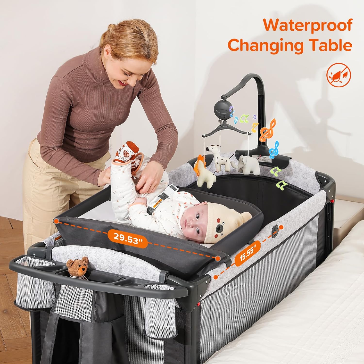 4 in 1 Baby Bassinet Bedside Crib with Diaper Changer, Mattress, 1-Second Set up Bedside Bassinet with 3 Adjustable