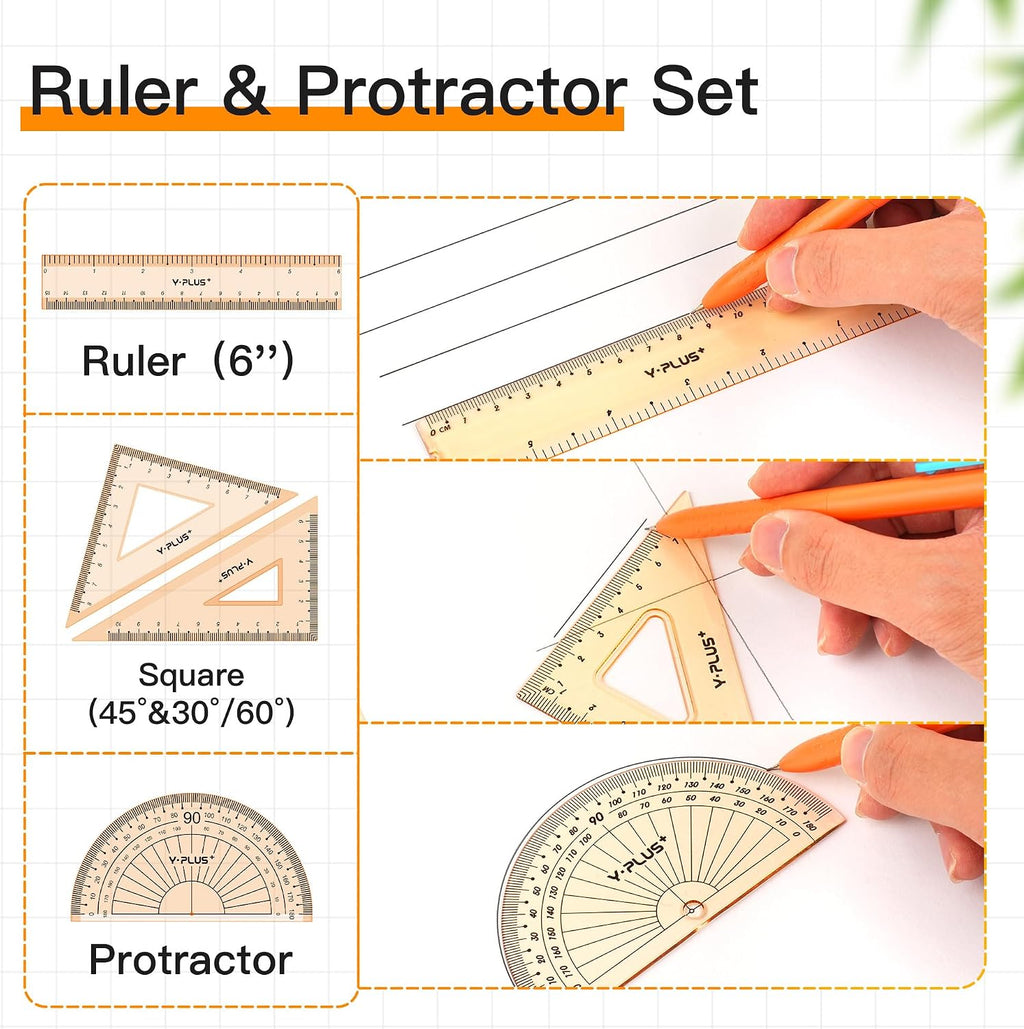 Geometry Set, Protractor and Compass Set for Students, 12Pcs | Compass Drawing Tool with Metal Case, Rulers