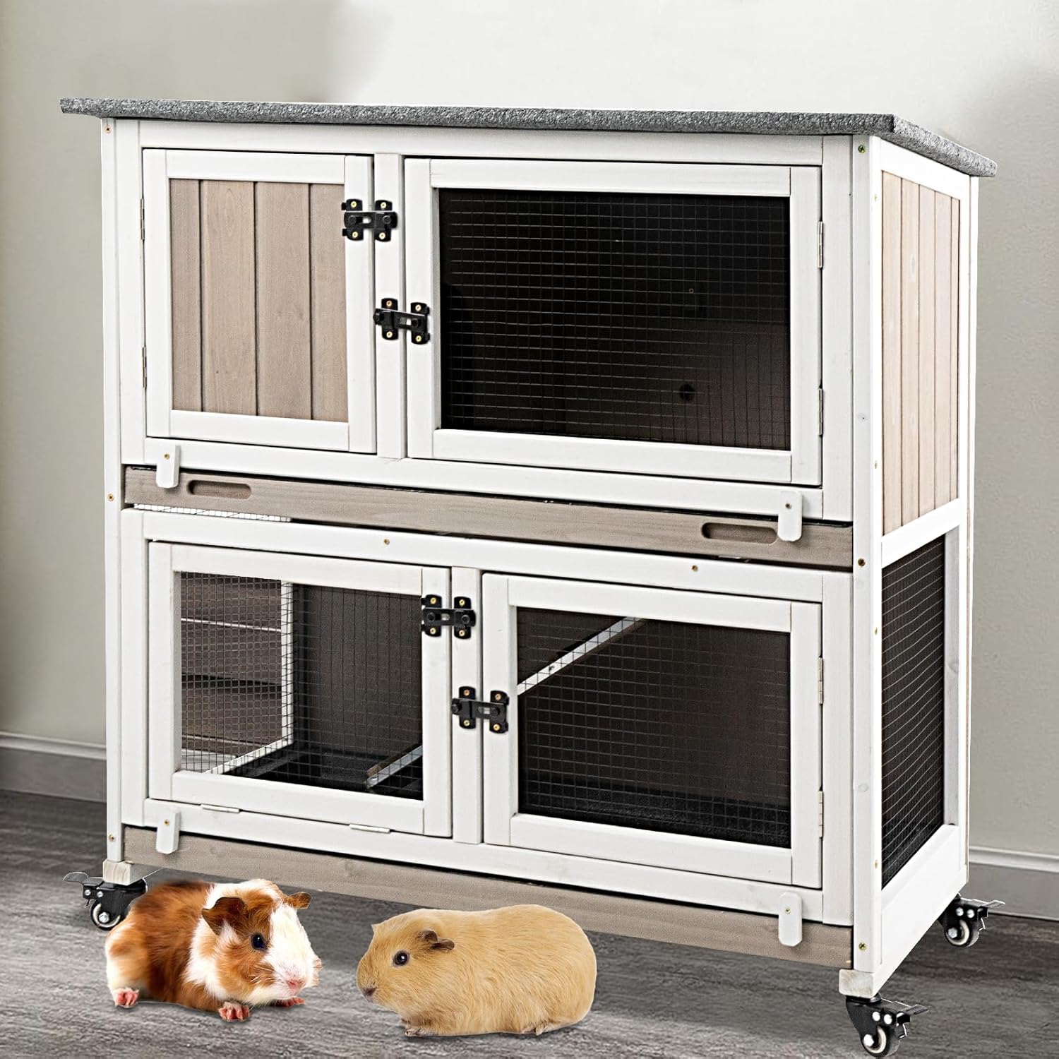 36" L Guinea Pig Cages Wooden, 2 Story Rabbit Cage Indoor | Guinea Pig Habitat, 4 Metal Wheels, 2 Deeper Pull-Out