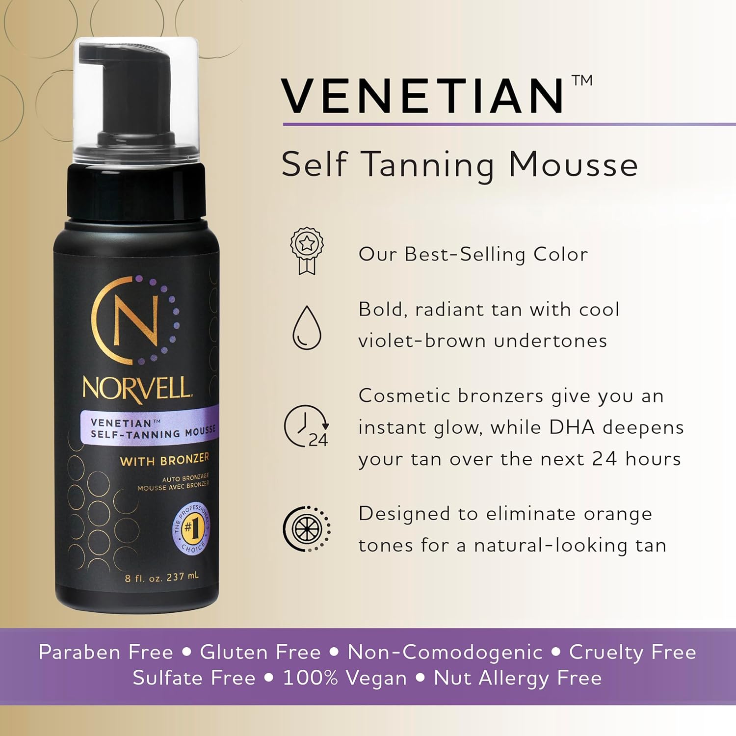 Venetian Sunless Self Tanner Mousse with Bronzer, 8 fl oz | Instant Natural Looking Fake Self Tan, Streak Free, Anti