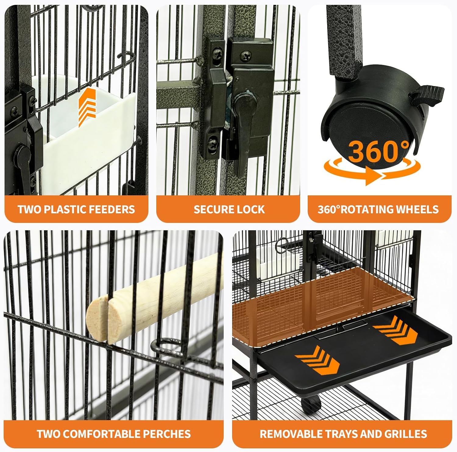 Spacious Flight Bird Cage with Rolling Stand & Storage Shelf - Durable Wrought Iron Parrot Home w/Play Top & Bowls