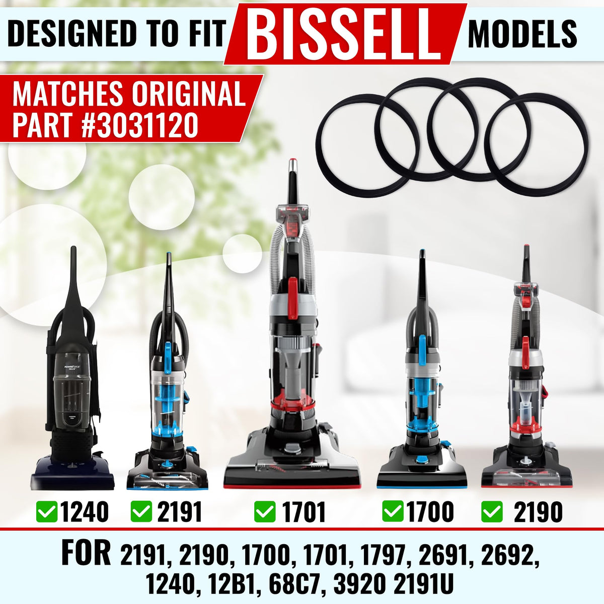4 Pack Vacuum Belts, Compatible with Bissell 2190, 2191, 1797