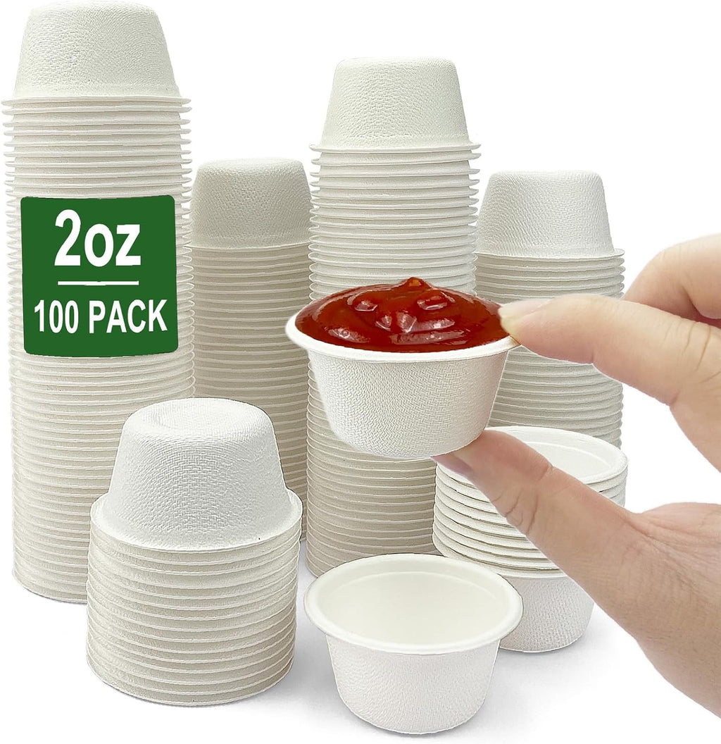 2 oz Disposable Bagasse Fiber Souffle Cups 100pk, 100% Natural Biodegradable Compostable Condiment Cups Sample Cup