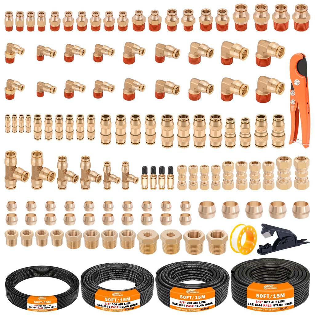 CheeMuii 124PCS Brass DOT Air Line Fittings with 4 Roll 50FT DOT Air Lines