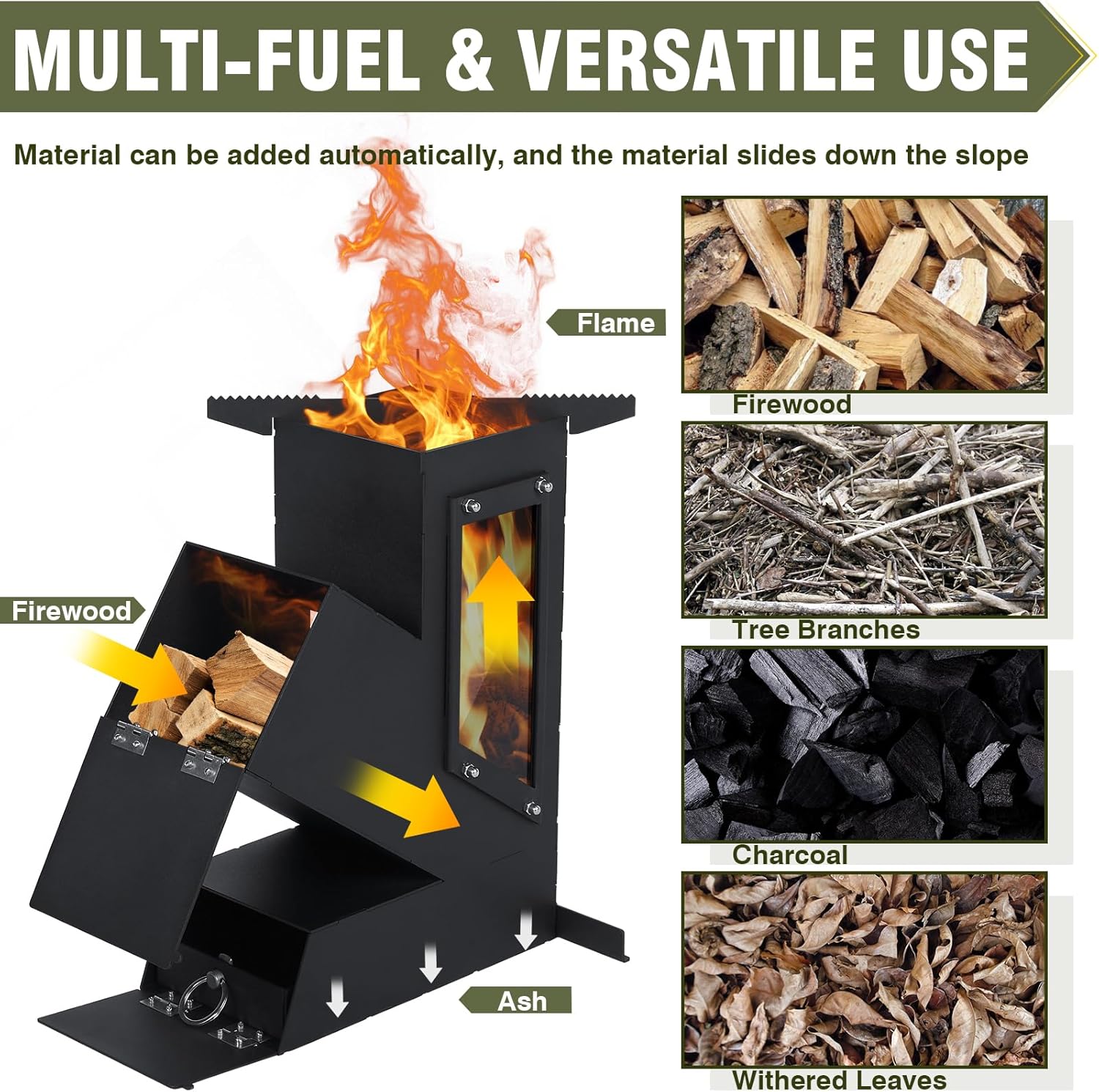 Rocket Stove with Glass Window, Portable Wood Burning Stove for Outdoor Cooking, Heavy Duty Camping Grill, Backyard