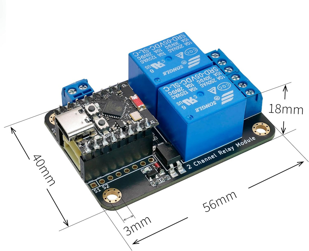 ESP32-C3 Relay Module, 2-Channel Low-Level Trigger Board
