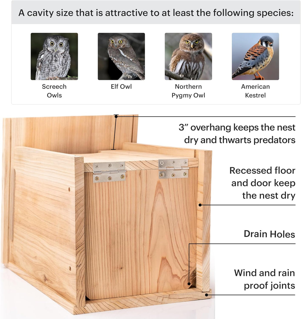Large Cedar Owl House - Premium and Weatherproof Design - 16" x 12" x 11" - A Nesting Box for Screech Owls, Boreal