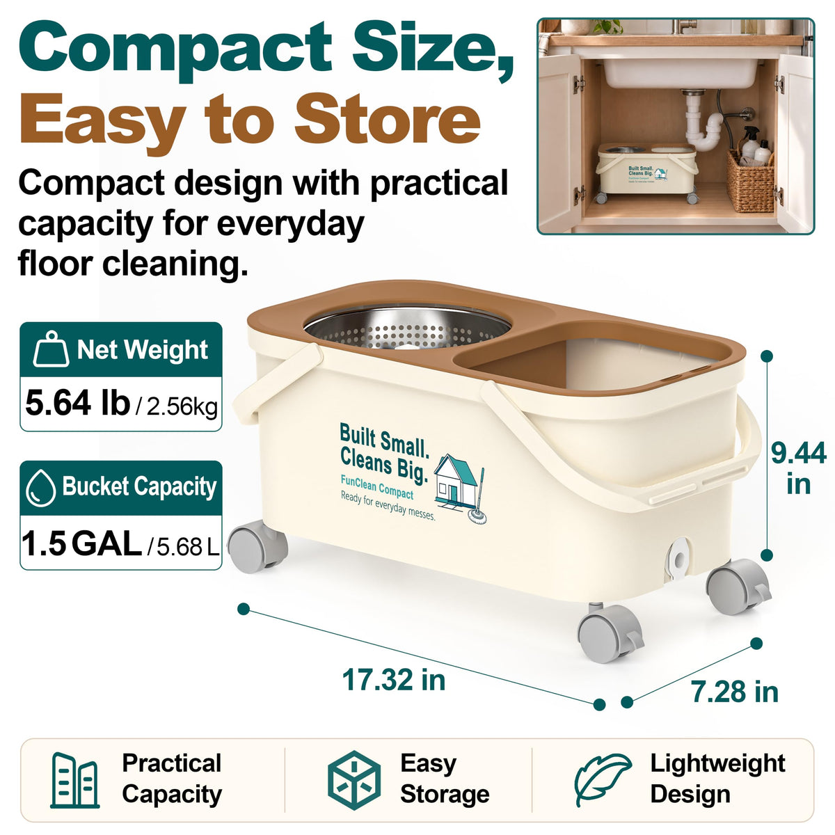 FunClean Compact Mop Bucket Set, 4 Swivel Wheels, 1.5 Gal Capacity, Green
