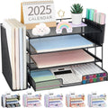 Desk Organizer, 4-Tier Desktop File Organizer with Drawer and 2 Pen Holders, Office Desk Accessories, File Sorters