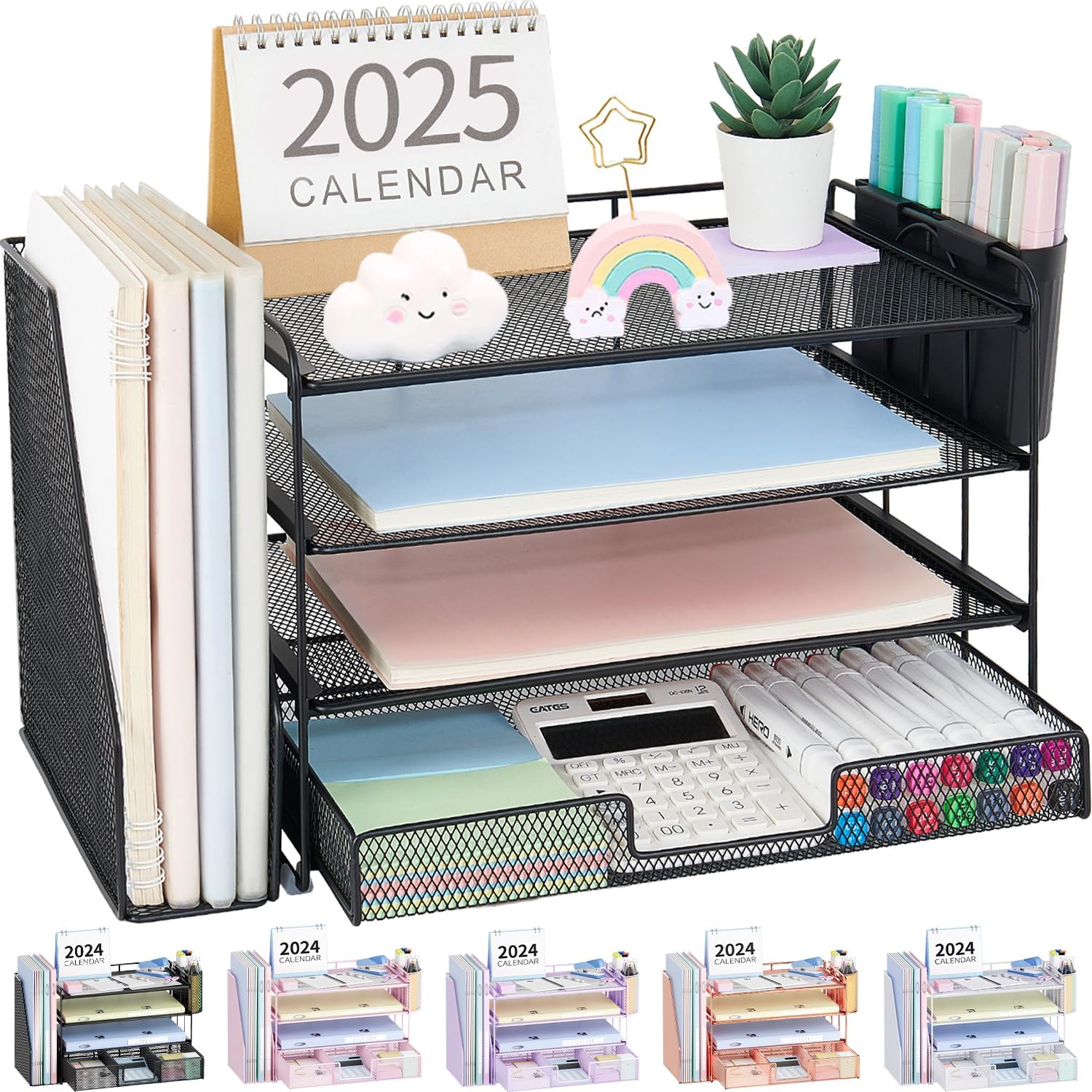Desk Organizer, 4-Tier Desktop File Organizer with Drawer and 2 Pen Holders, Office Desk Accessories, File Sorters