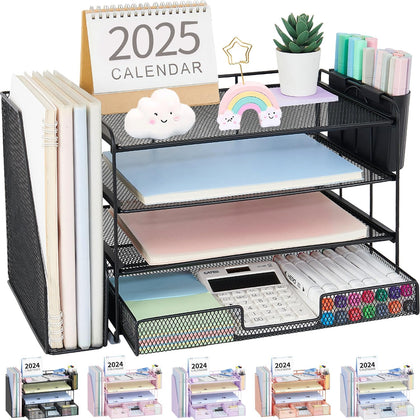 Desk Organizer, 4-Tier Desktop File Organizer with Drawer and 2 Pen Holders, Office Desk Accessories, File Sorters