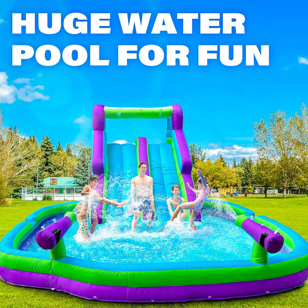 Inflatable Double Water Slide-17.7FT Large Climber Inflatable Water Park for Big Kids 5-10-Huge Splash Pool-Easy to