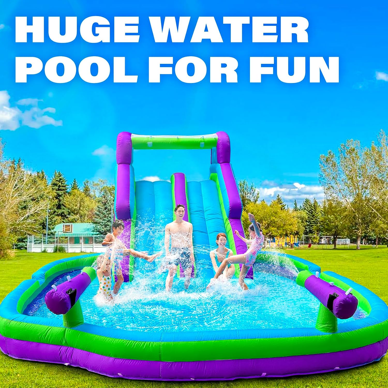 Inflatable Double Water Slide-17.7FT Large Climber Inflatable Water Park for Big Kids 5-10-Huge Splash Pool-Easy to