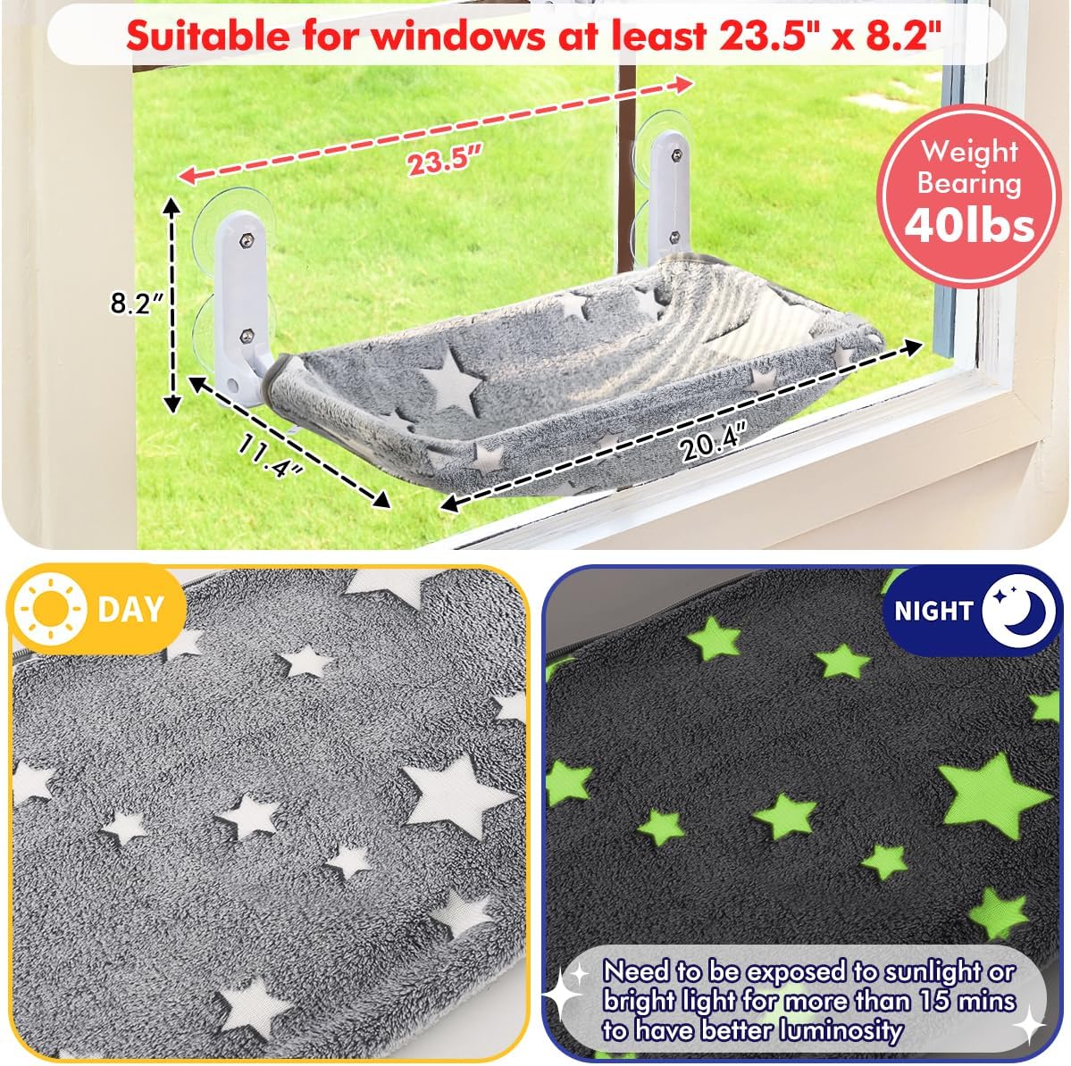Cat Window Perch, Glow in The Dark Cordless Foldable Pet Hammock Bed for Window with Sturdy Metal Frame, Glowing