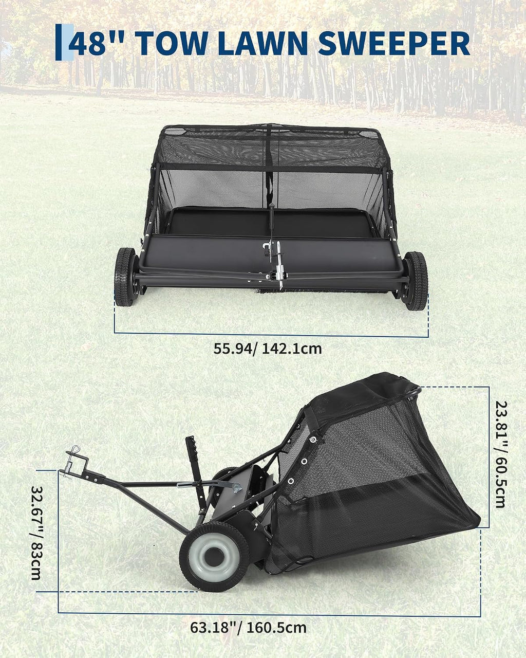 48" Lawn Sweeper Tow Behind, Heavy Duty Leaf Collector with 25 Cu.ft Capacity Hopper Bag, Leaf & Grass Catcher with