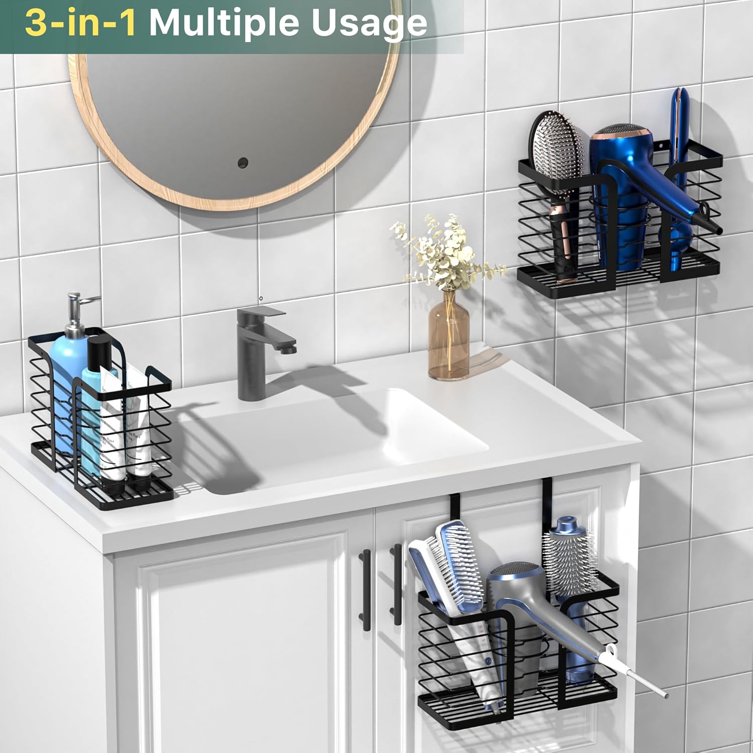 Hair Dryer Holder - Hair Tool Organizer 3-in-1 Blow Dryer Holder Adjustable Height, Bathroom Organizer Wall