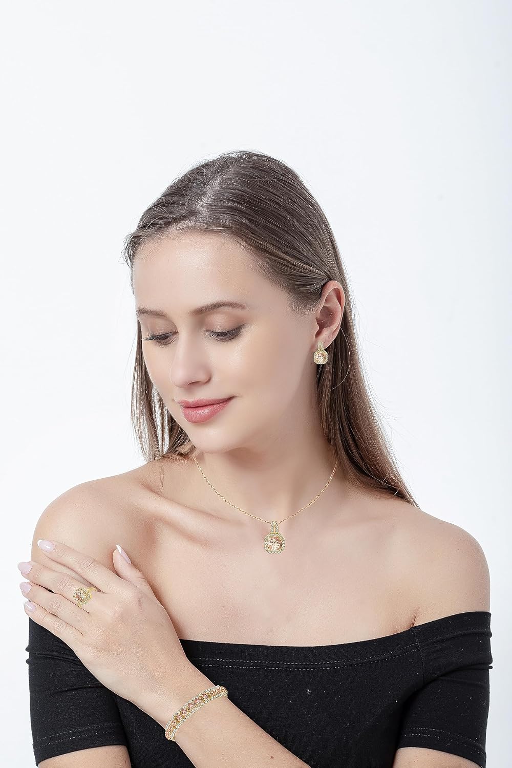 4 Pcs Cubic Zirconia Wedding Jewelry Sets for Bride Bridesmaid Cubic Zirconia Pendant Necklace Earrings Link Tennis
