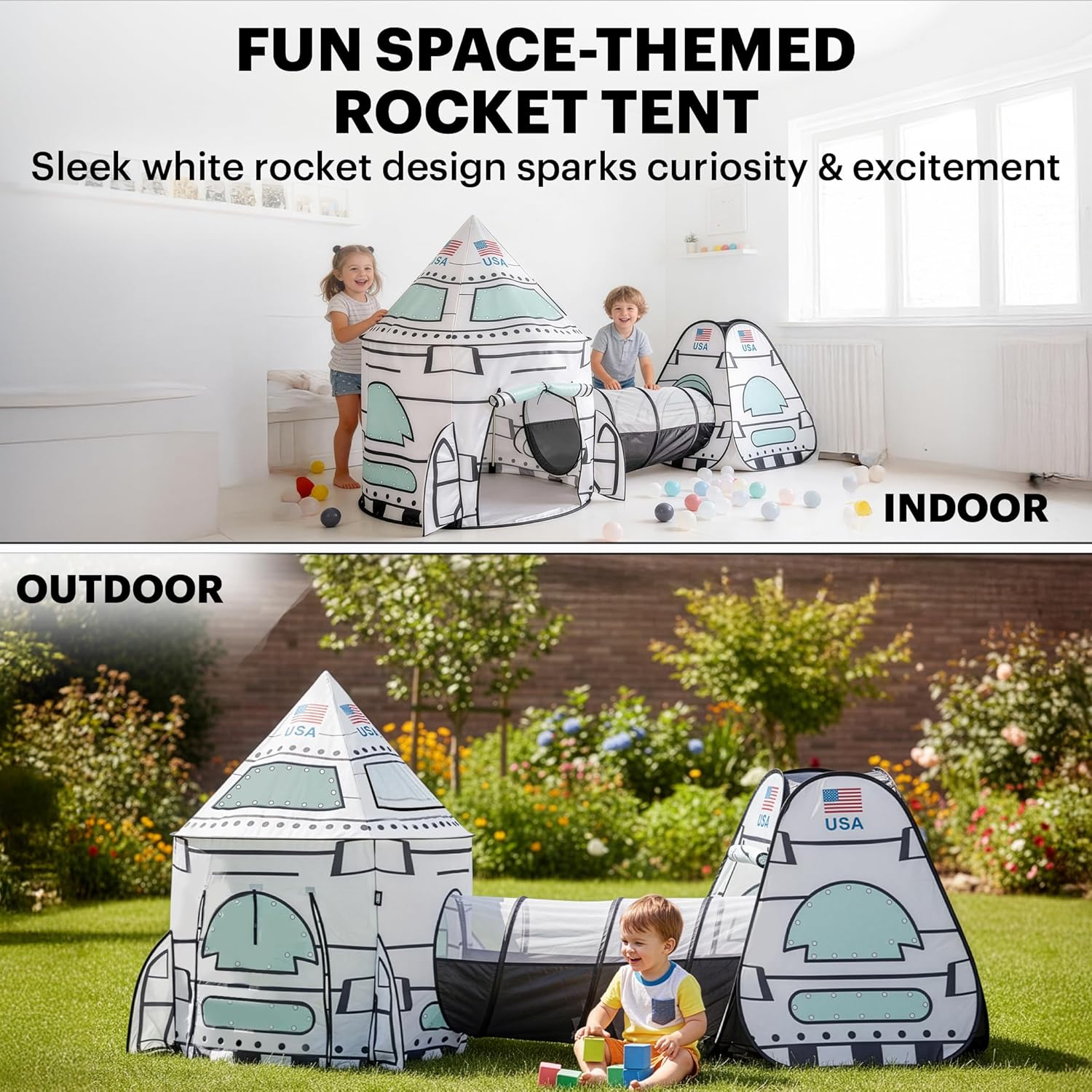 USA White Rocket Ship Play Tent with Tunnel, Pop Up Kids Playhouse Set, Indoor Outdoor Spaceship Tent for Boys Girls