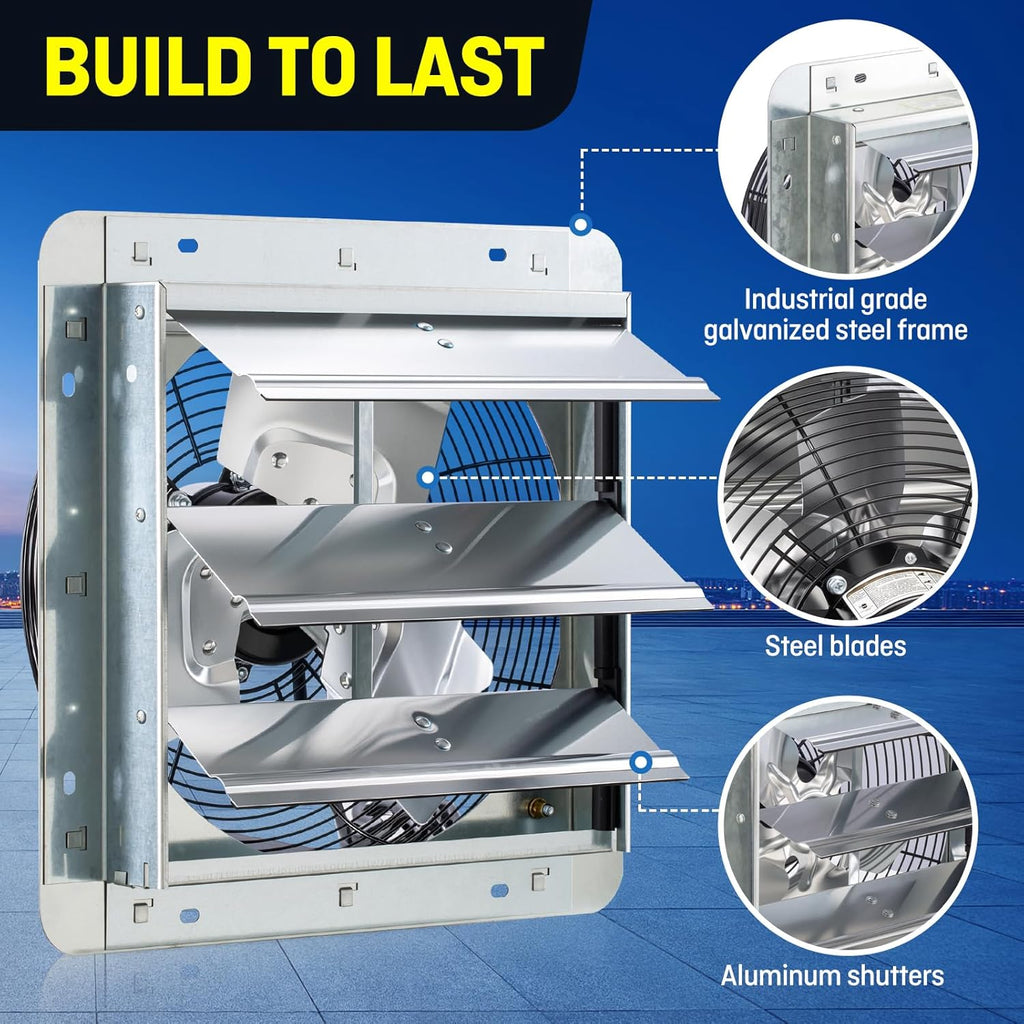 iLIVING 12" Wall Mounted Shutter Exhaust Fan, Automatic Shutter, with Thermostat and Variable Speed controller, 0.6A, 960 CFM, 1400 SQF Coverage Area Silver (ILG8SF12V-ST)