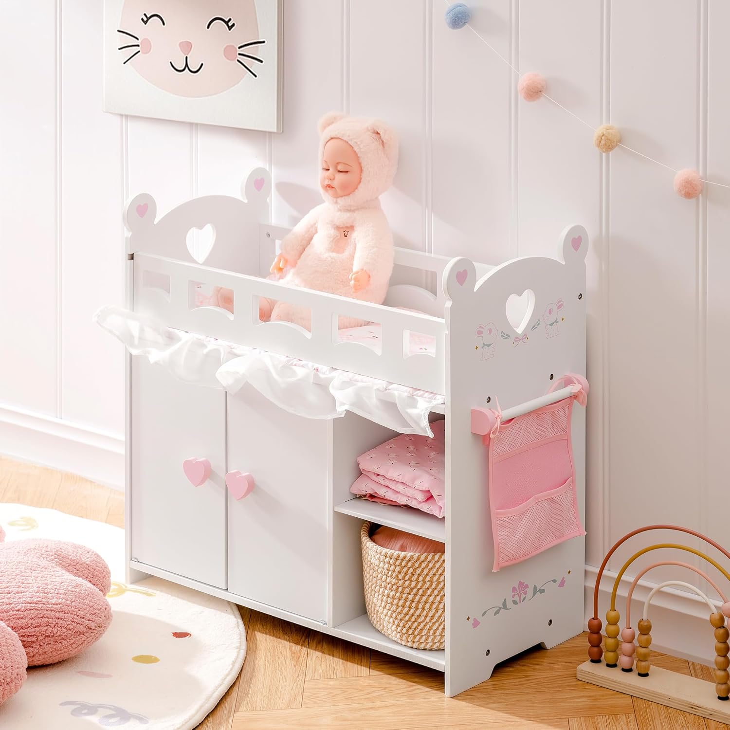 Baby Doll Crib – Wooden Baby Doll Changing Table with Storage – Bedding & Hooks, Fits 18-21" Dolls, Doll Bed Playset