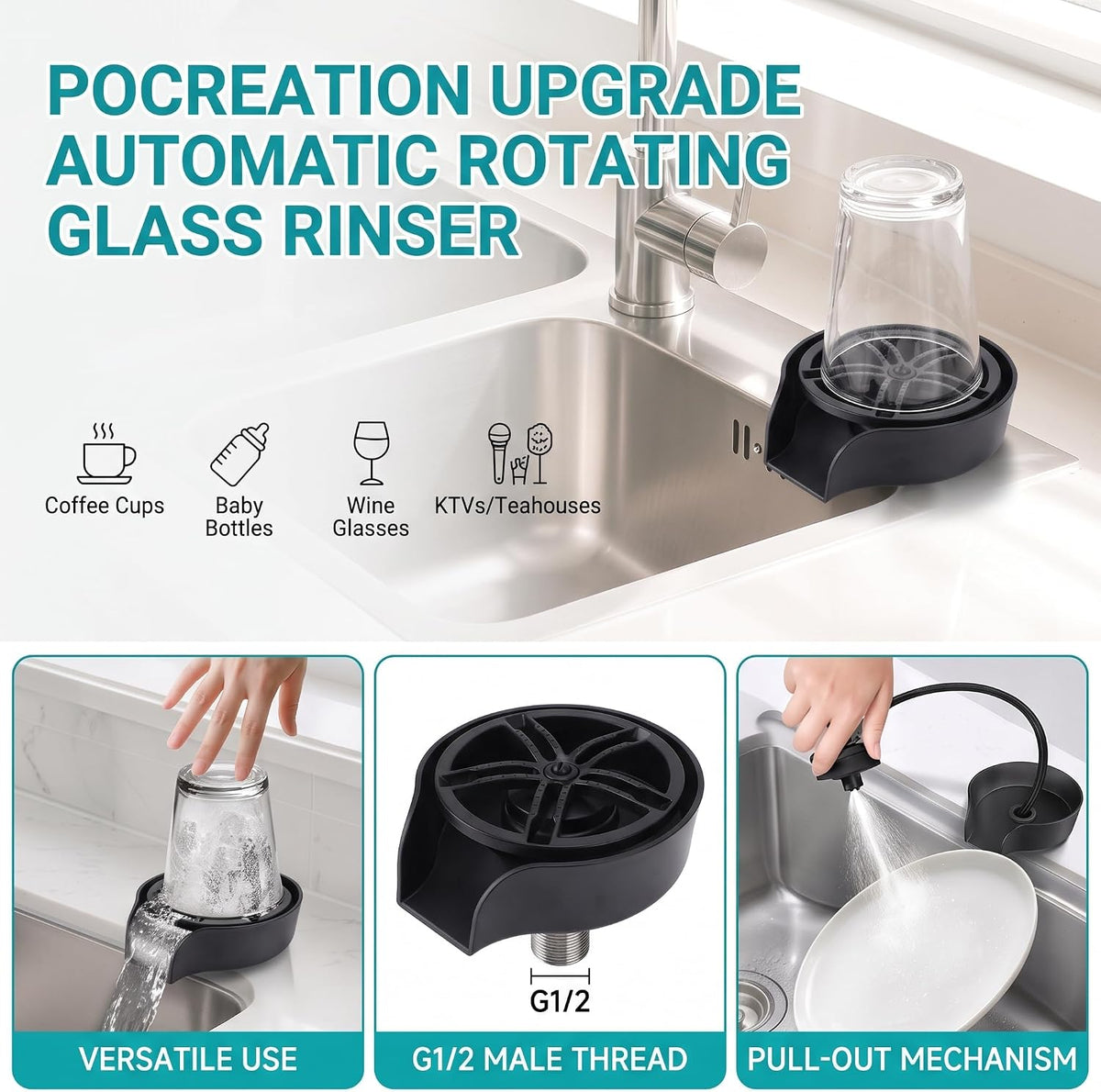 Automatic Glass Washer Cup Rinser, 360 Degree Rotating Spout Sink Accessory Stainless Steel Bottle Washer for