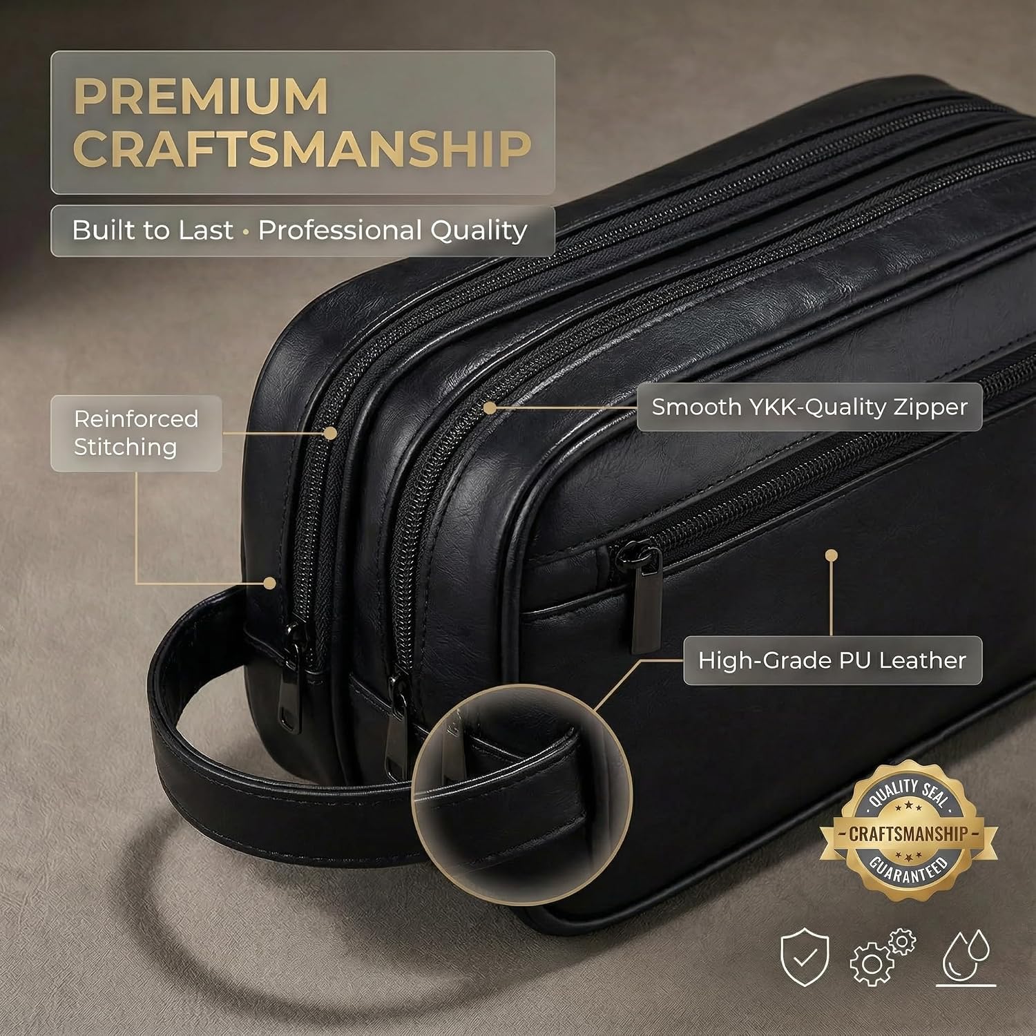 Men’s Toiletry Bag Travel Dopp Kit – double-deck PU Leather Water-Resistant Shaving Organizer Large Capacity, Double